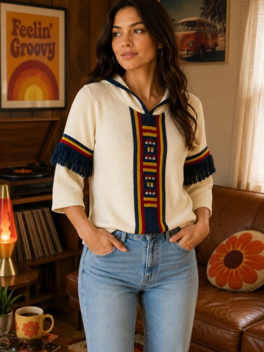 Vintage Sears JR Bazaar Hooded Fringe Southwestern Sweater Size M